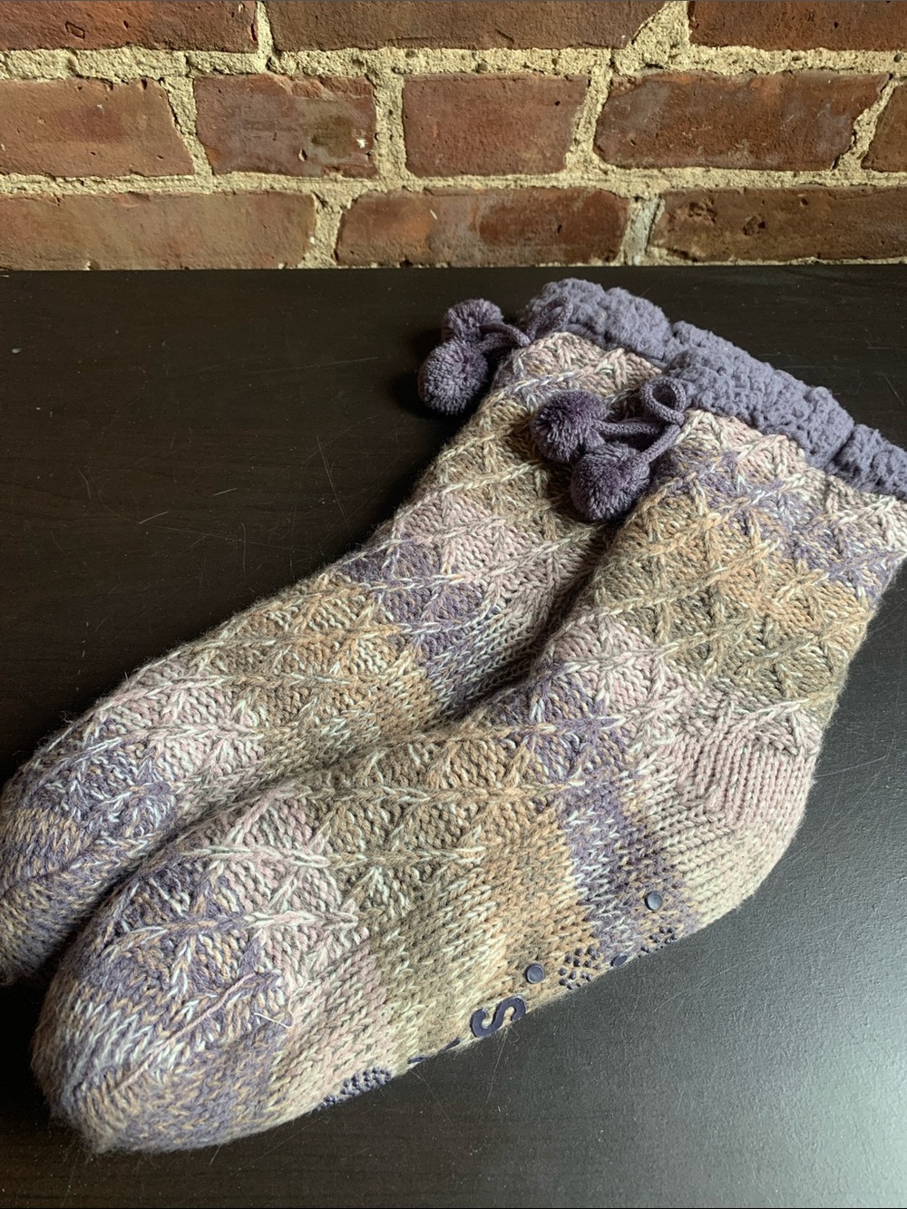 Muk Luks Lavender & Taupe Knit Slipper Socks with Pom Cuff